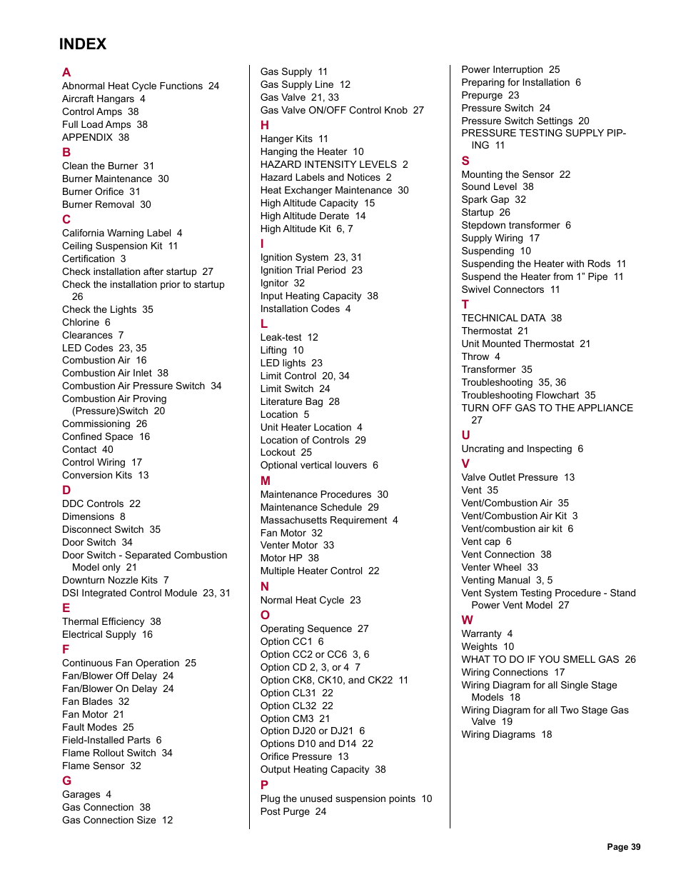 Index | Reznor UDAS Unit Installation Manual User Manual | Page 39 / 40