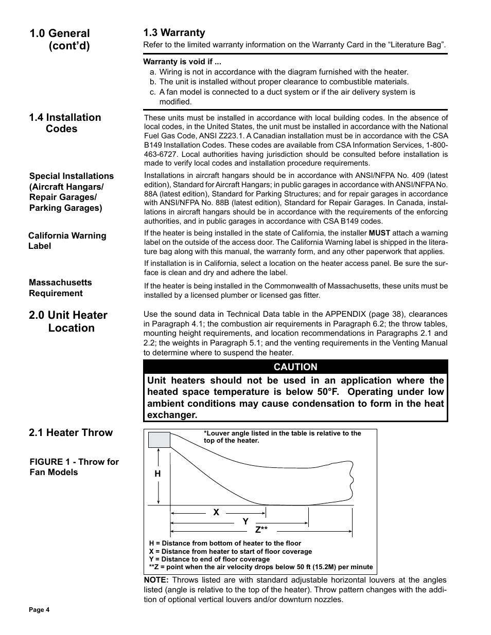 3 warranty, 4 installation codes, Unit heater location -6 | 1 heater throw, 0 general (cont’d), 0 unit heater location | Reznor UDAS Unit Installation Manual User Manual | Page 4 / 40