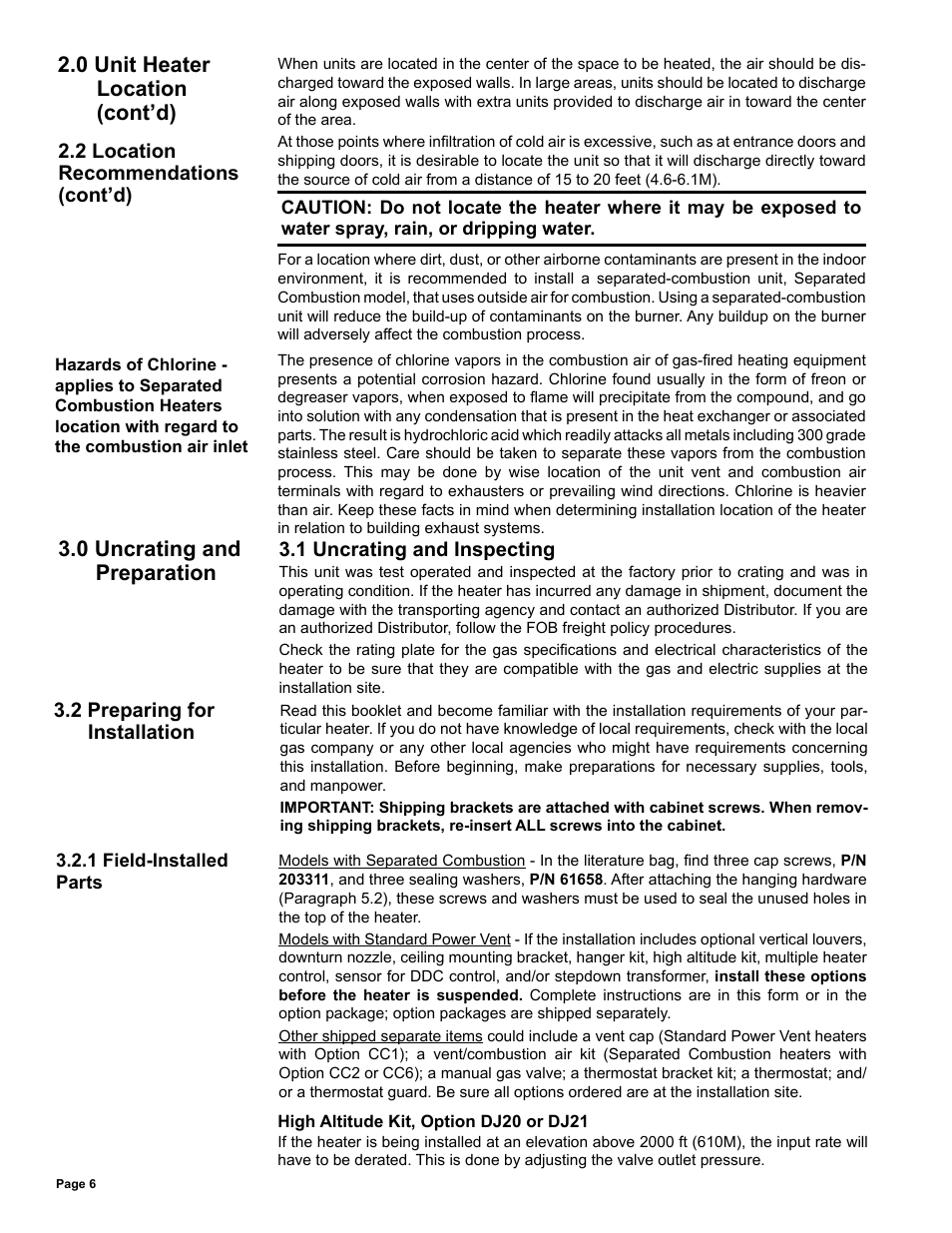 Uncrating and preparation -7, 1 uncrating and inspecting, 2 preparing for installation | 0 unit heater location (cont’d), 0 uncrating and preparation, 2 location recommendations (cont’d) | Reznor UDAS Unit Installation Manual User Manual | Page 6 / 40