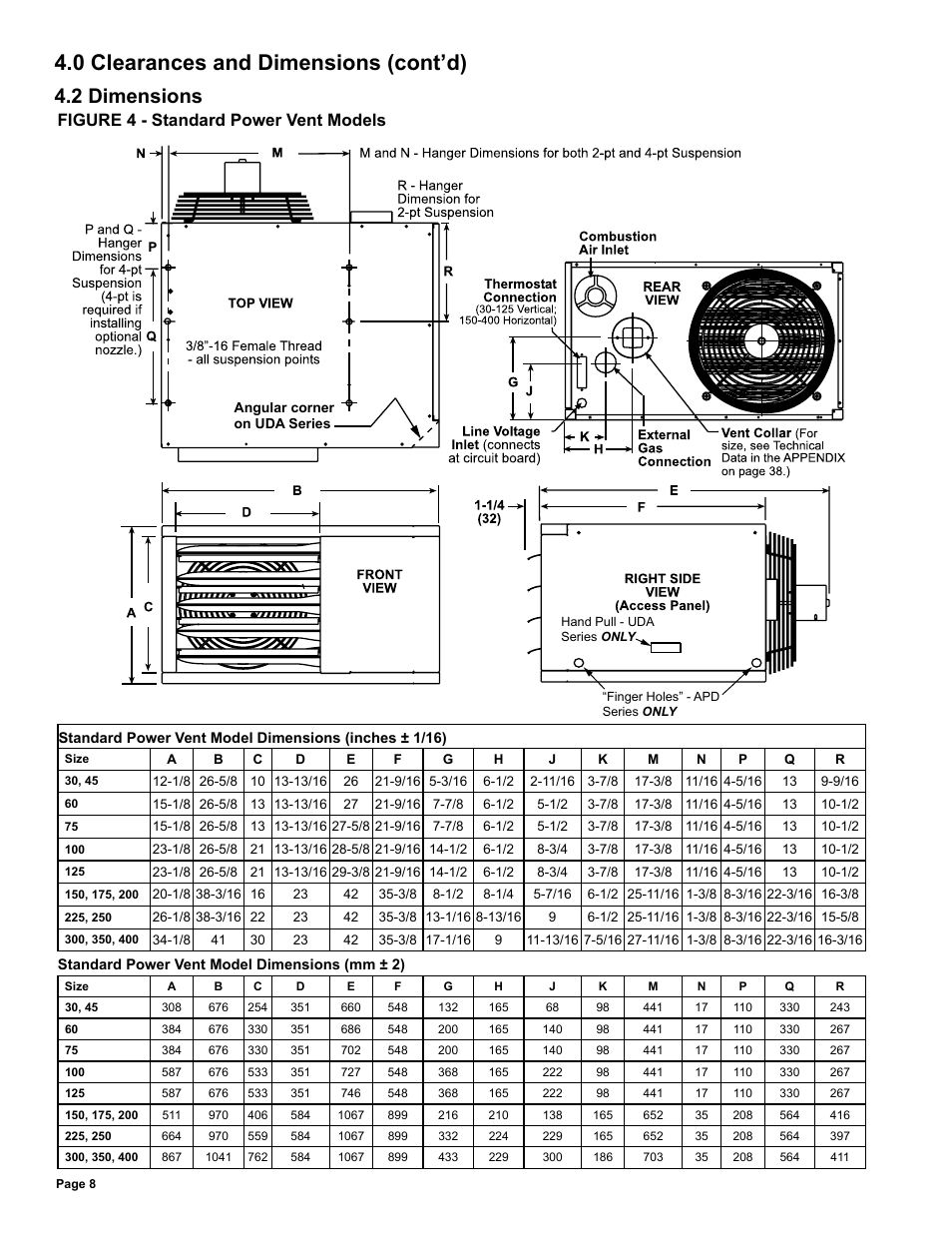 2 dimensions, 0 clearances and dimensions (cont’d), Figure 4 - standard power vent models | Reznor UDAS Unit Installation Manual User Manual | Page 8 / 40