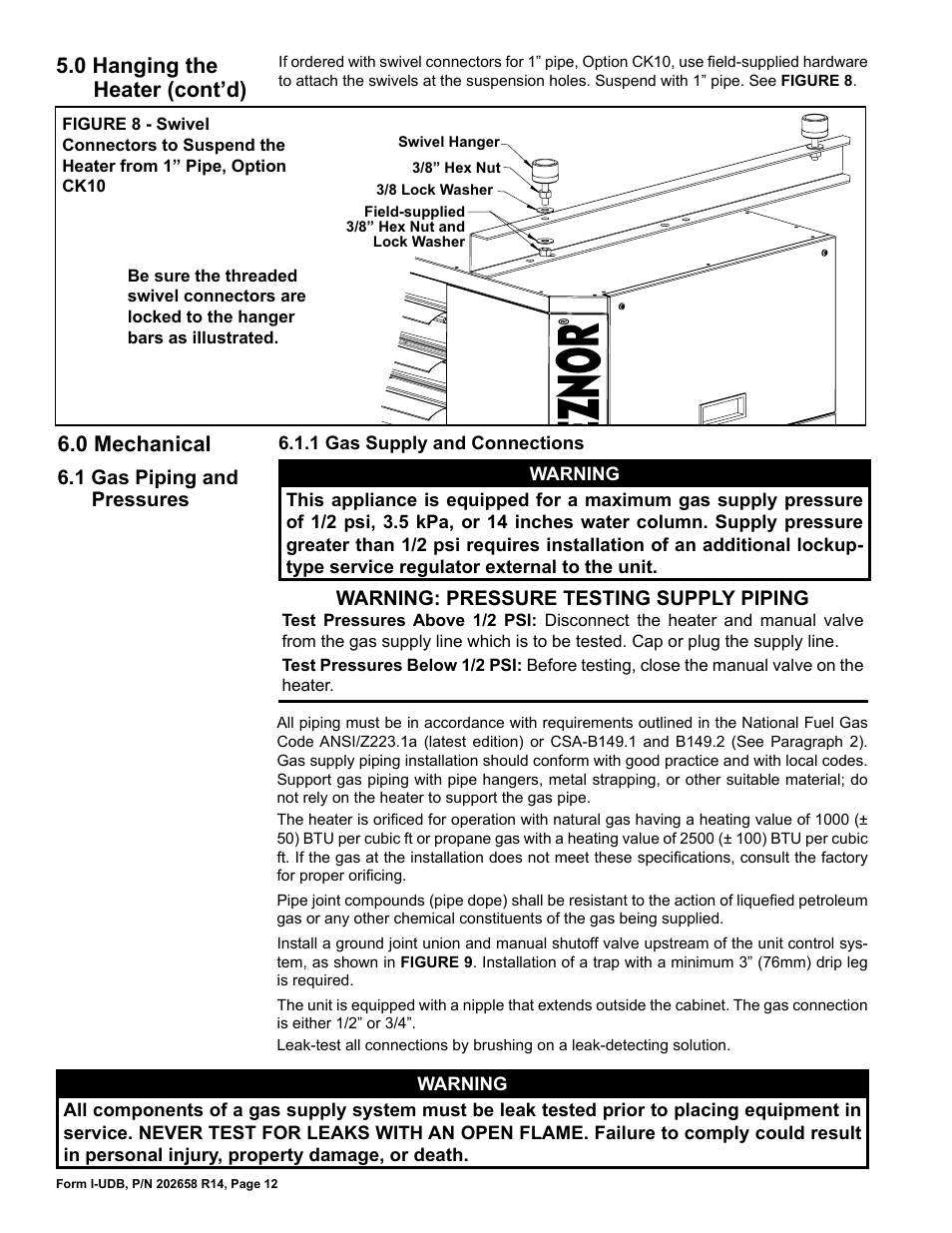 0 mechanical -20, 1 gas piping and pressures, 0 mechanical | 0 hanging the heater (cont’d), Warning: pressure testing supply piping | Reznor UDBS Unit Installation Manual User Manual | Page 12 / 44