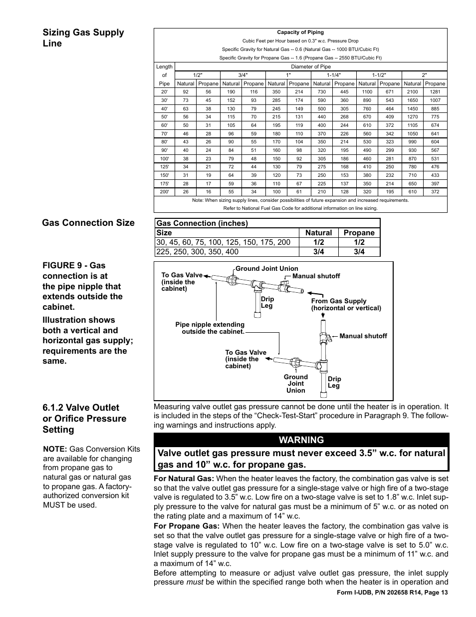 Gas connection size sizing gas supply line, 2 valve outlet or orifice pressure setting | Reznor UDBS Unit Installation Manual User Manual | Page 13 / 44