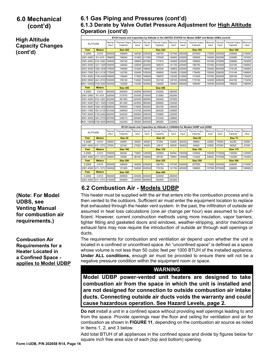 2 combustion air - models udbp, 0 mechanical (cont’d), 1 gas piping and pressures (cont’d) | Reznor UDBS Unit Installation Manual User Manual | Page 16 / 44