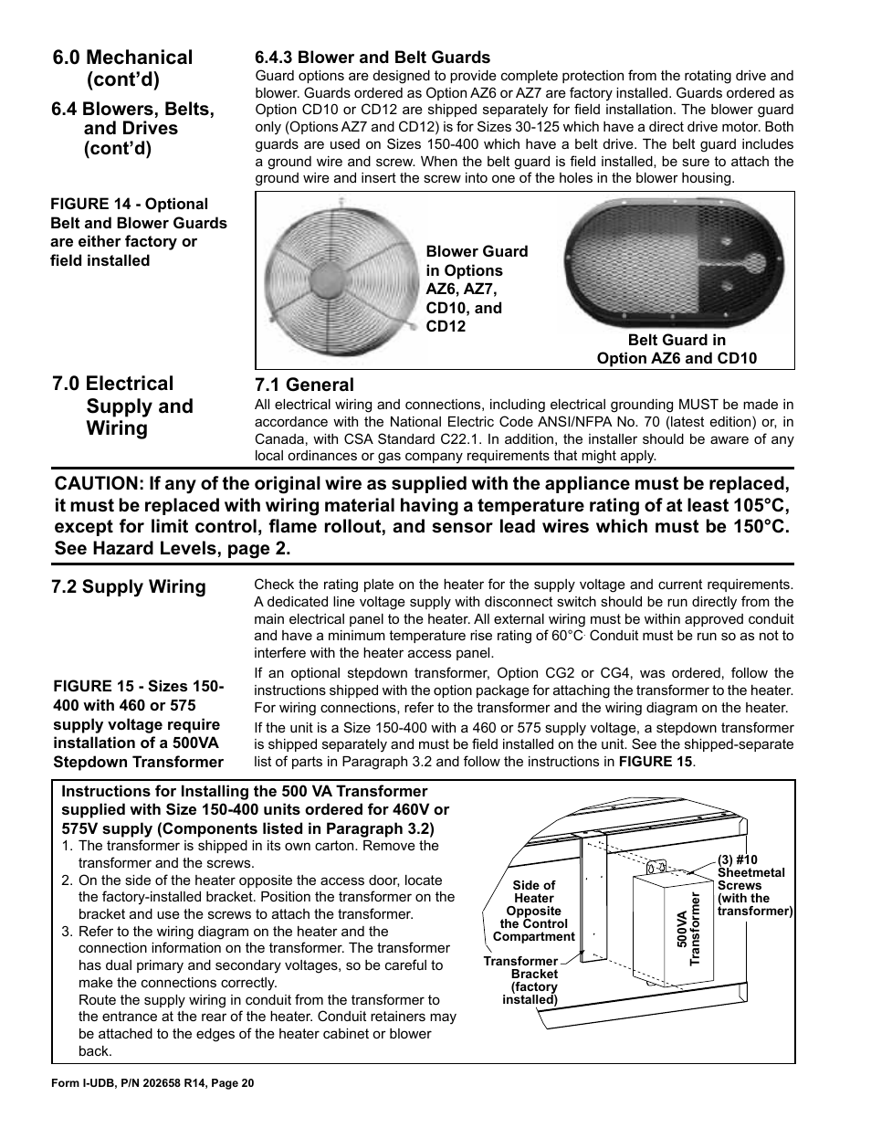 0 electrical supply and wiring -27, 1 general, 2 supply wiring | 4 blowers, belts, and drives (cont’d) | Reznor UDBS Unit Installation Manual User Manual | Page 20 / 44