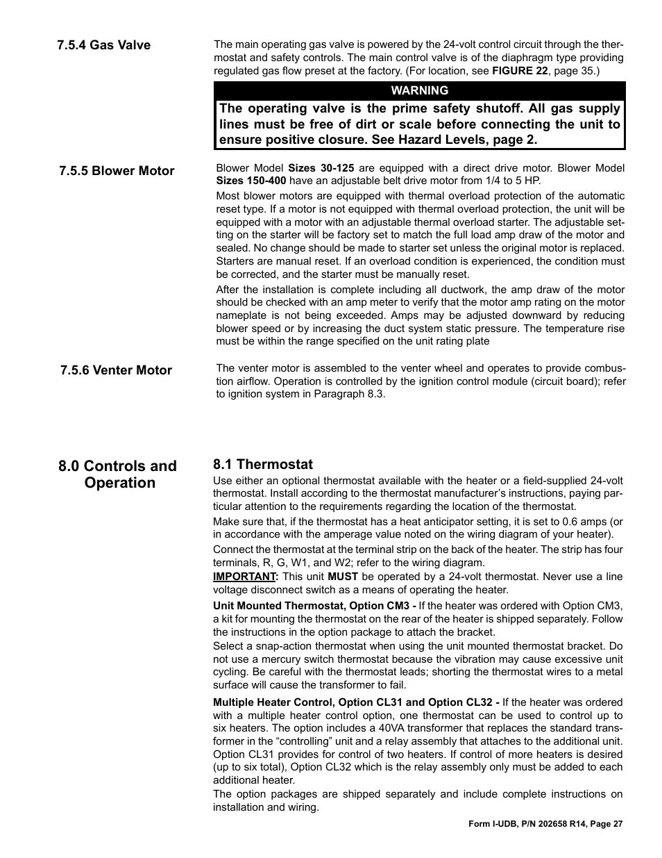 0 controls and operation -31, 1 thermostat, 0 controls and operation | Reznor UDBS Unit Installation Manual User Manual | Page 27 / 44