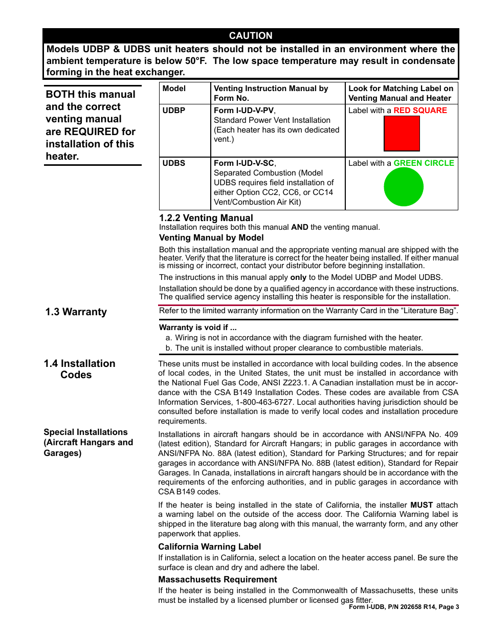 2 general installation information, 3 warranty, 4 installation codes | Reznor UDBS Unit Installation Manual User Manual | Page 3 / 44