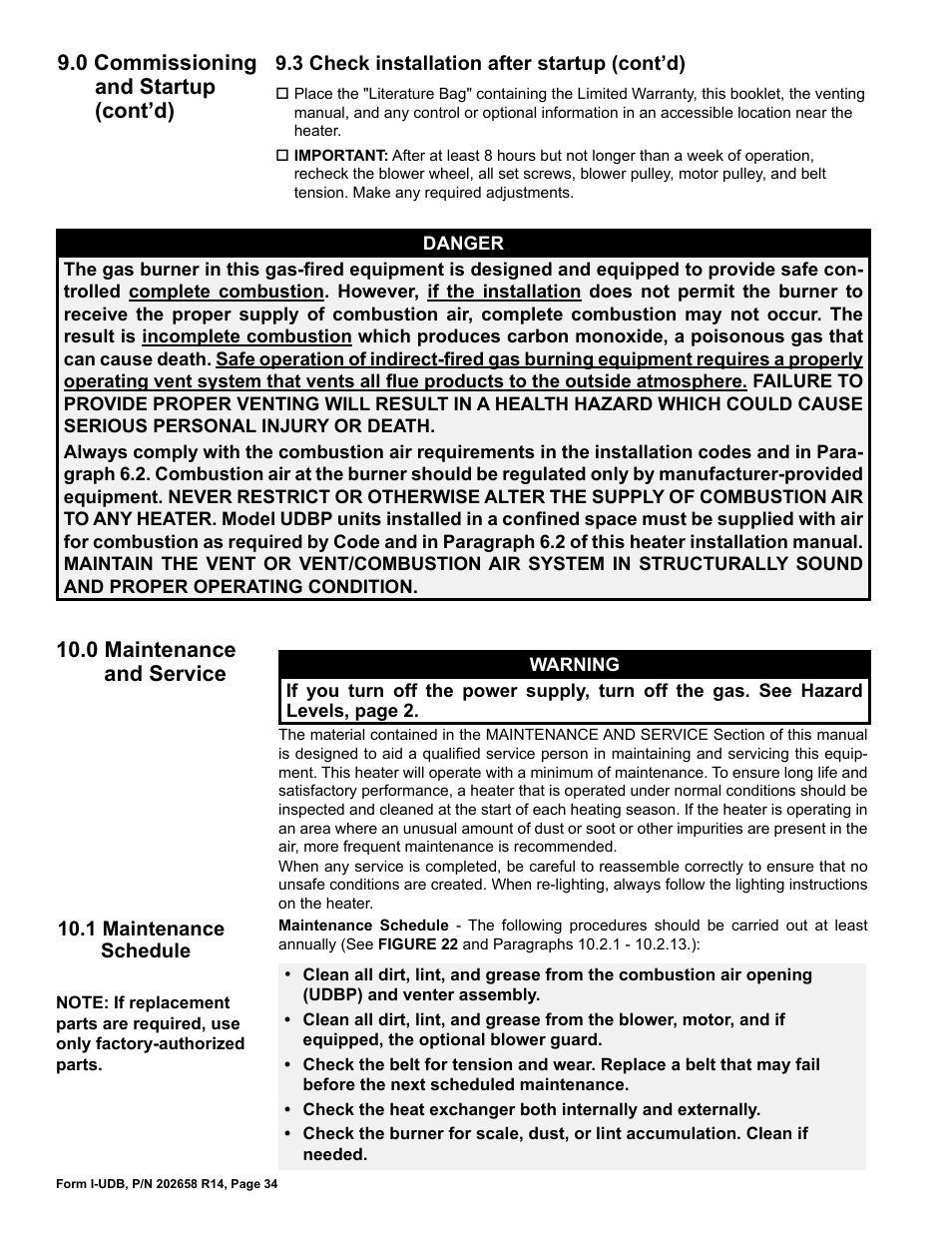 0 maintenance and service -41, 1 maintenance schedule, 0 maintenance and service | 0 commissioning and startup (cont’d) | Reznor UDBS Unit Installation Manual User Manual | Page 34 / 44