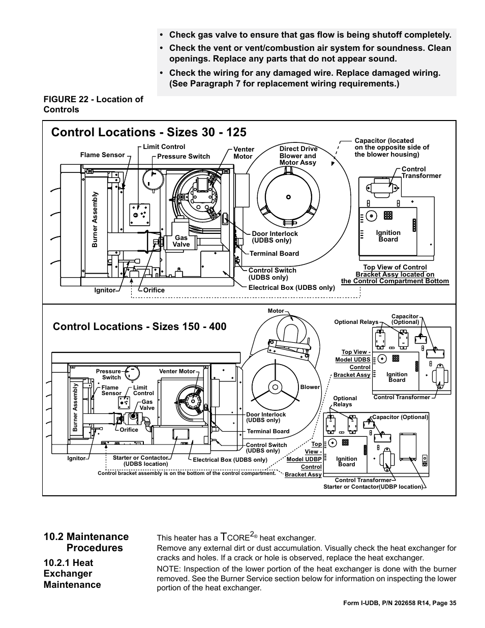 2 maintenance procedures, 1 heat exchanger maintenance, Figure 22 - location of controls | Reznor UDBS Unit Installation Manual User Manual | Page 35 / 44
