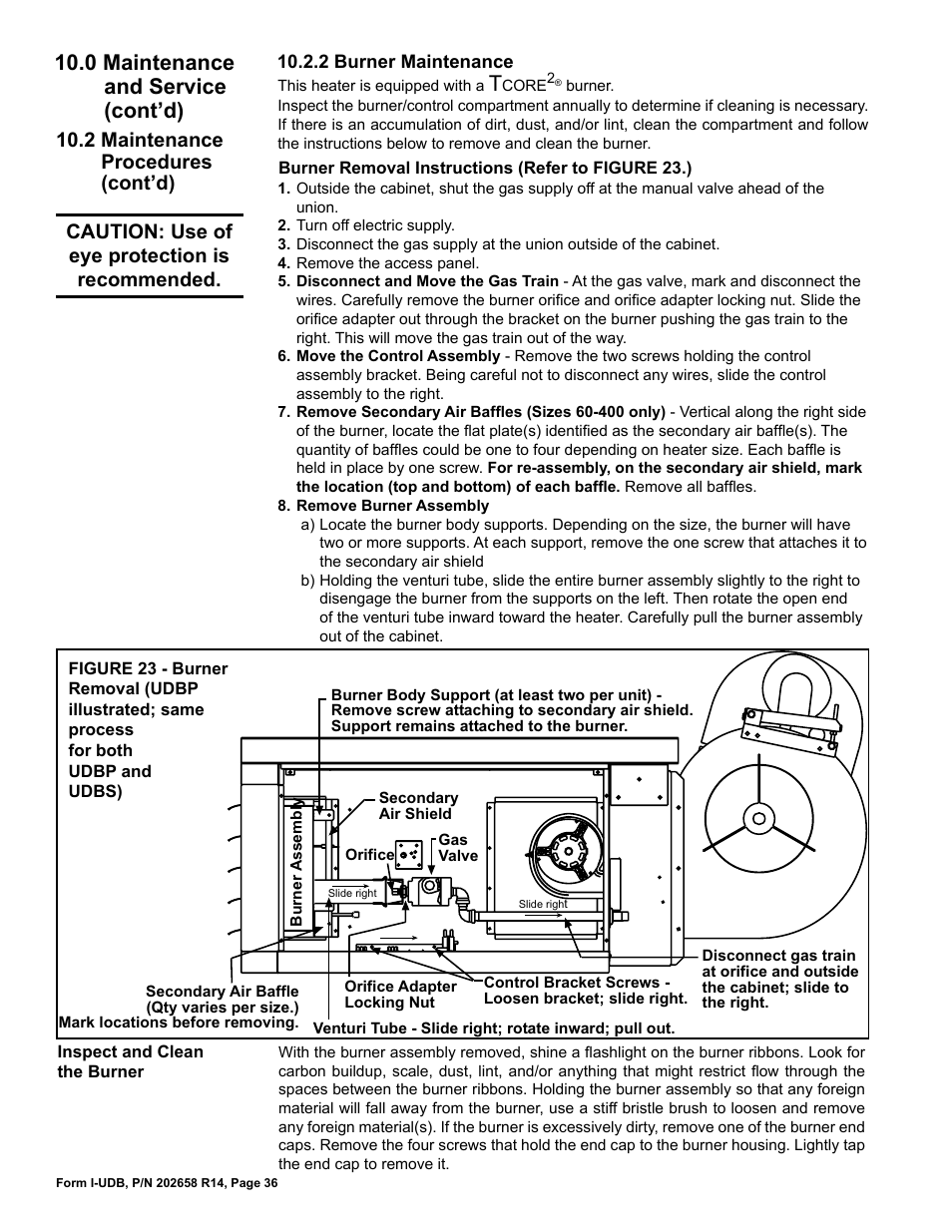 0 maintenance and service (cont’d), Caution: use of eye protection is recommended, 2 maintenance procedures (cont’d) | Reznor UDBS Unit Installation Manual User Manual | Page 36 / 44