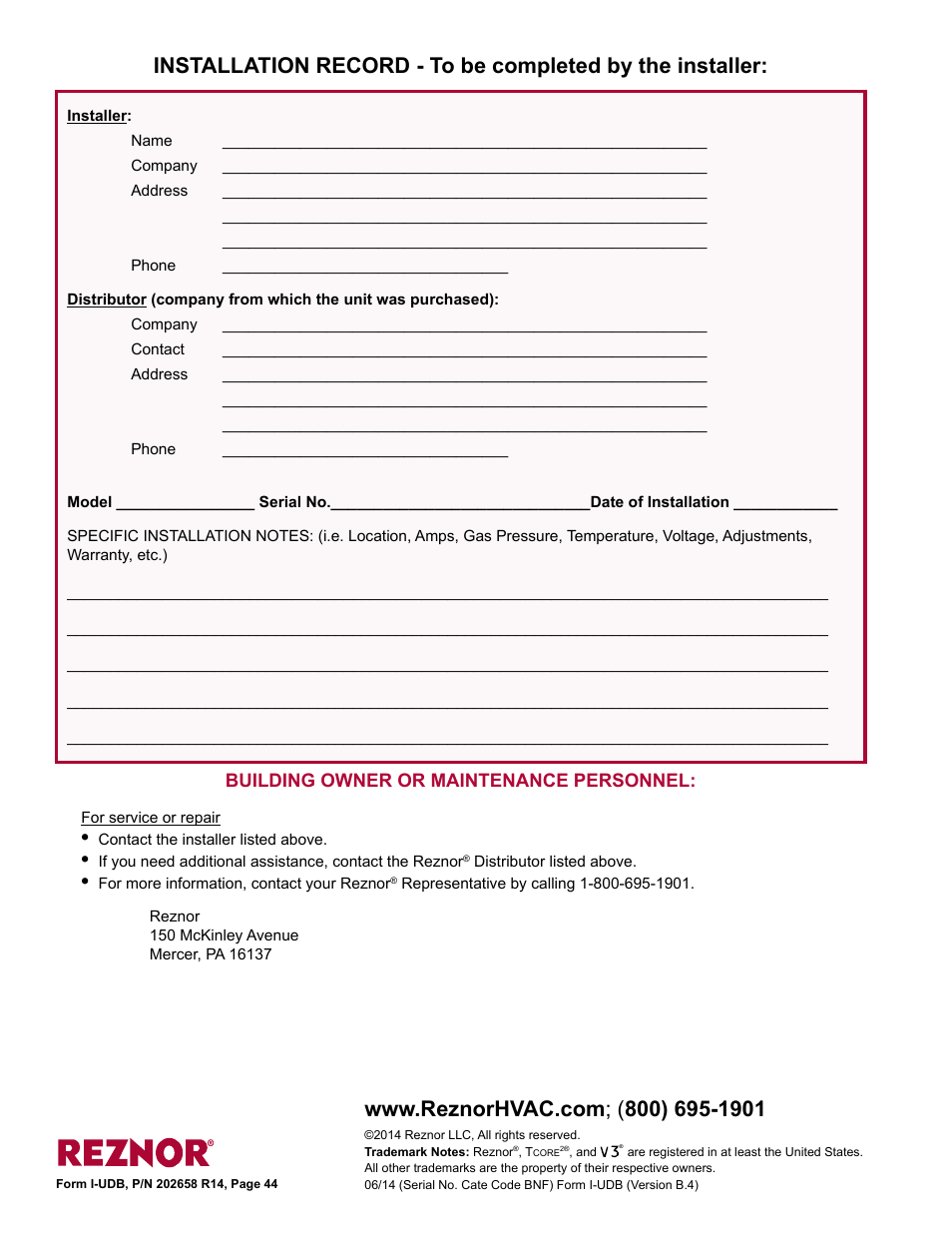 Installation record, Contact 44, Building owner or maintenance personnel | Reznor UDBS Unit Installation Manual User Manual | Page 44 / 44