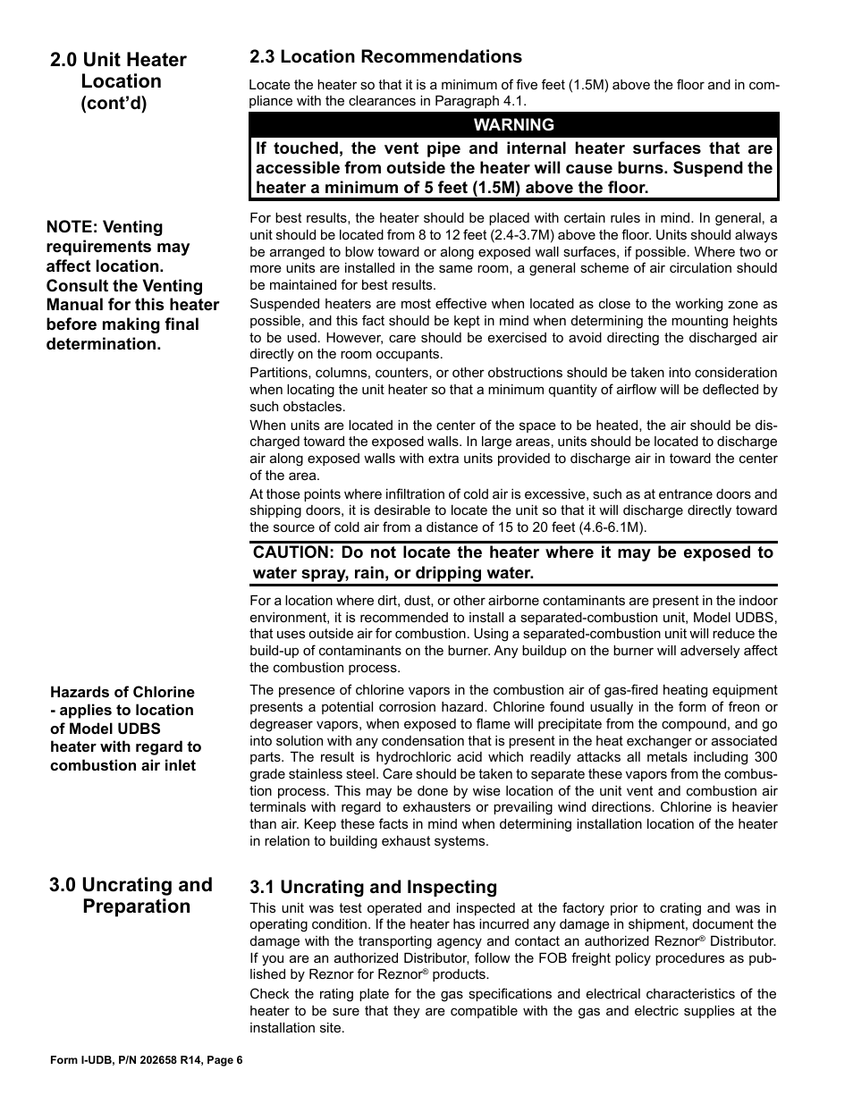 2 heater sound data, 3 location recommendations, Cont’d) 3.1 uncrating and inspecting | Reznor UDBS Unit Installation Manual User Manual | Page 6 / 44