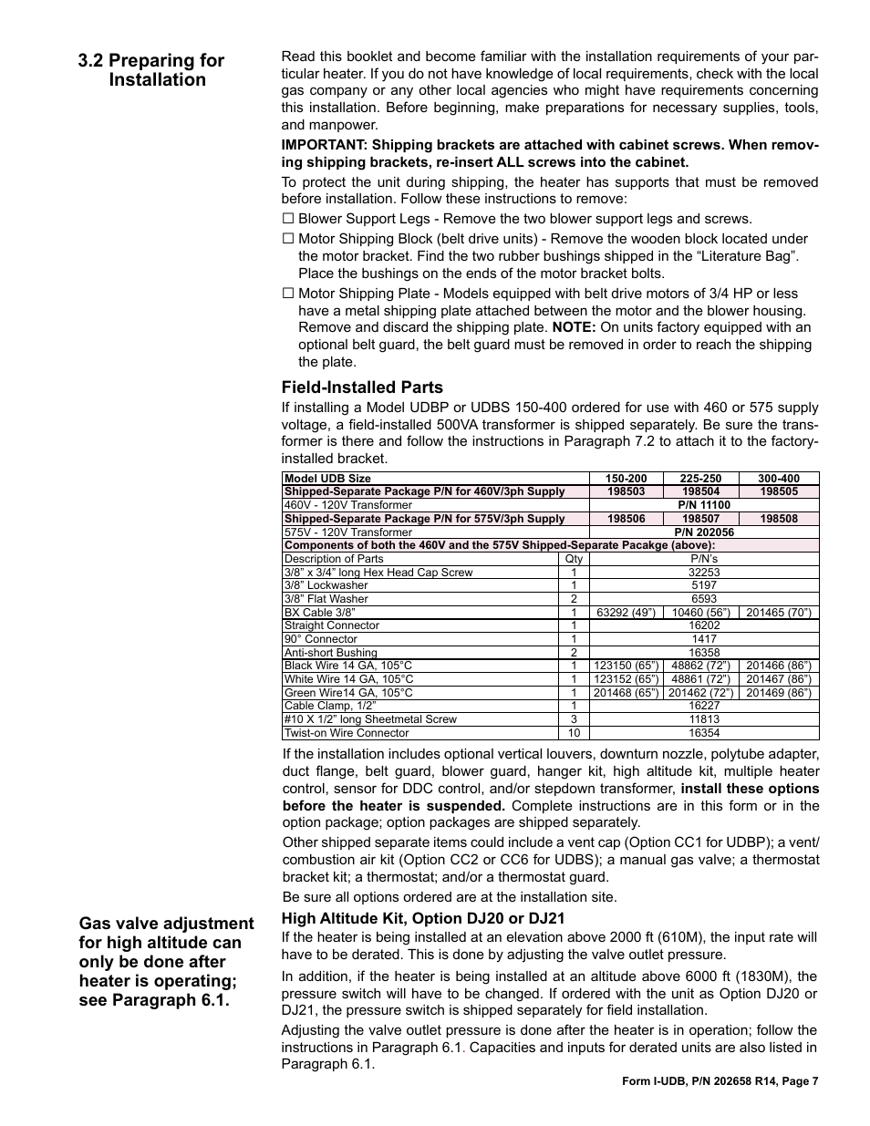 0 uncrating and preparation -8, 1 uncrating and inspecting, 2 preparing for installation | Field-installed parts | Reznor UDBS Unit Installation Manual User Manual | Page 7 / 44