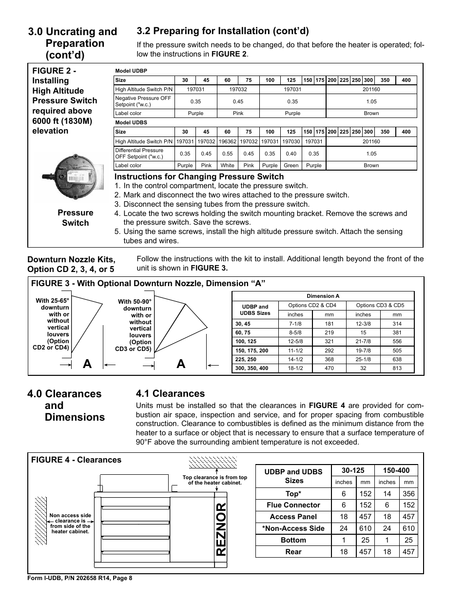 0 clearances and dimensions -10, 1 clearances, Reznor | 0 clearances and dimensions, 0 uncrating and preparation (cont’d), 2 preparing for installation (cont’d), Pressure switch, Downturn nozzle kits, option cd 2, 3, 4, or 5, Figure 4 - clearances | Reznor UDBS Unit Installation Manual User Manual | Page 8 / 44