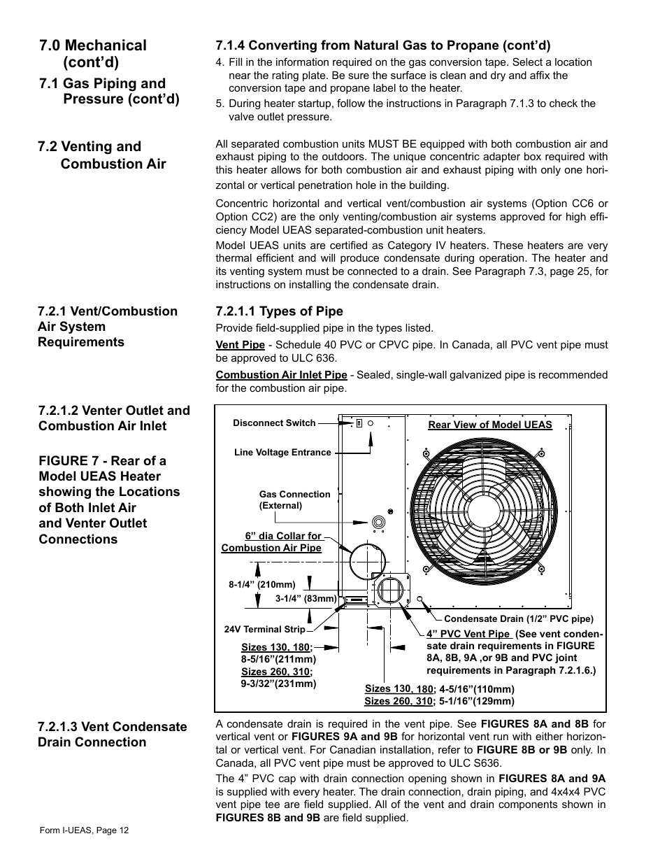 2 venting and combustion air, 0 mechanical (cont’d), 1 gas piping and pressure (cont’d) | Reznor UEAS Unit Installation Manual User Manual | Page 12 / 44