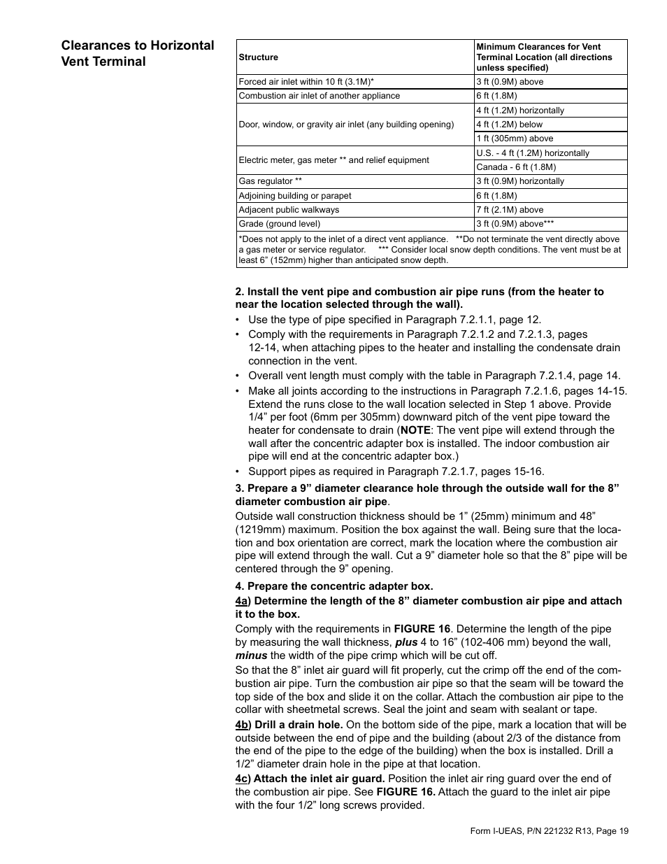 Clearances to horizontal vent terminal | Reznor UEAS Unit Installation Manual User Manual | Page 19 / 44