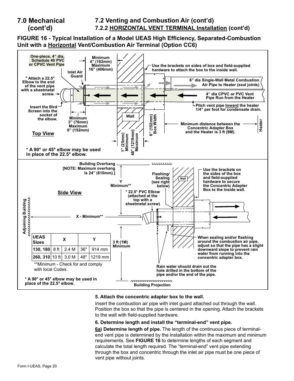 0 mechanical (cont’d), 2 venting and combustion air (cont’d), 2 horizontal vent terminal installation (cont’d) | Reznor UEAS Unit Installation Manual User Manual | Page 20 / 44