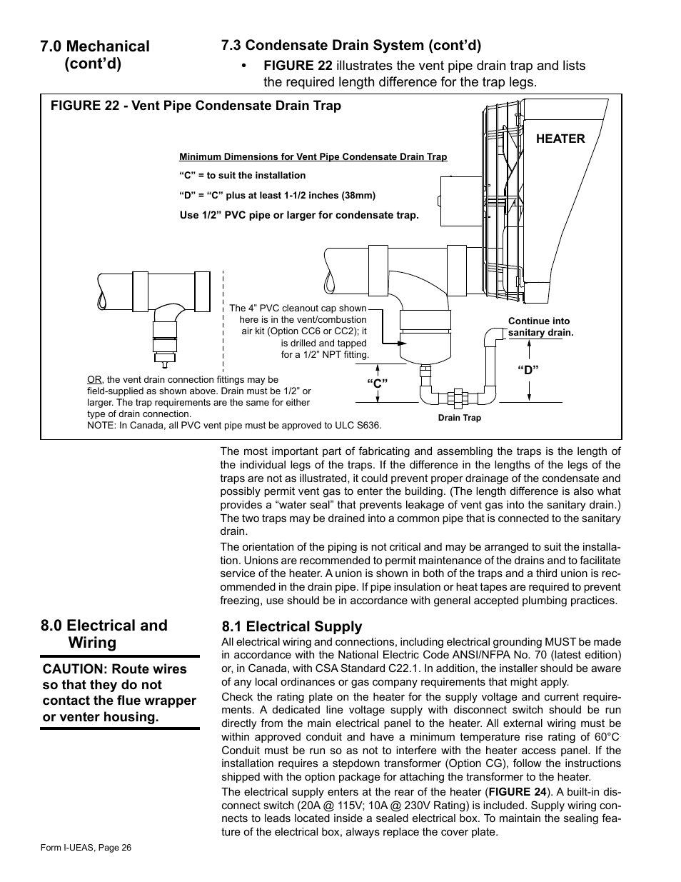 0 electrical and wiring -28, 1 electrical supply, 0 electrical and wiring | 0 mechanical (cont’d), 3 condensate drain system (cont’d) | Reznor UEAS Unit Installation Manual User Manual | Page 26 / 44