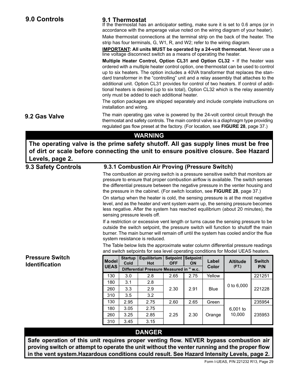 0 controls -30, 1 thermostat 9.2 gas valve 9.3 safety controls, 0 controls | 2 gas valve 9.3 safety controls, 1 thermostat, Danger | Reznor UEAS Unit Installation Manual User Manual | Page 29 / 44