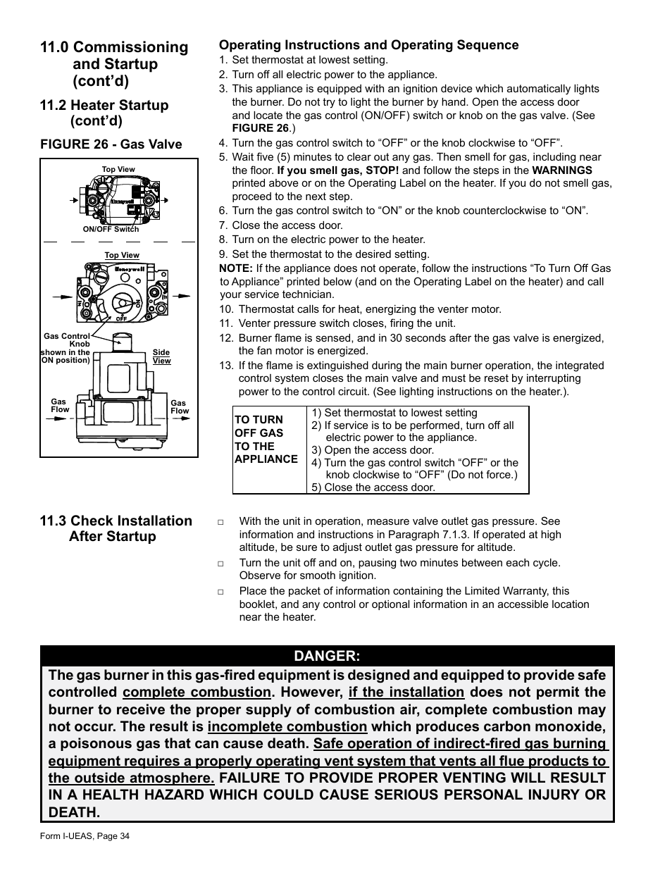 3 check installation after startup, 0 commissioning and startup (cont’d) | Reznor UEAS Unit Installation Manual User Manual | Page 34 / 44