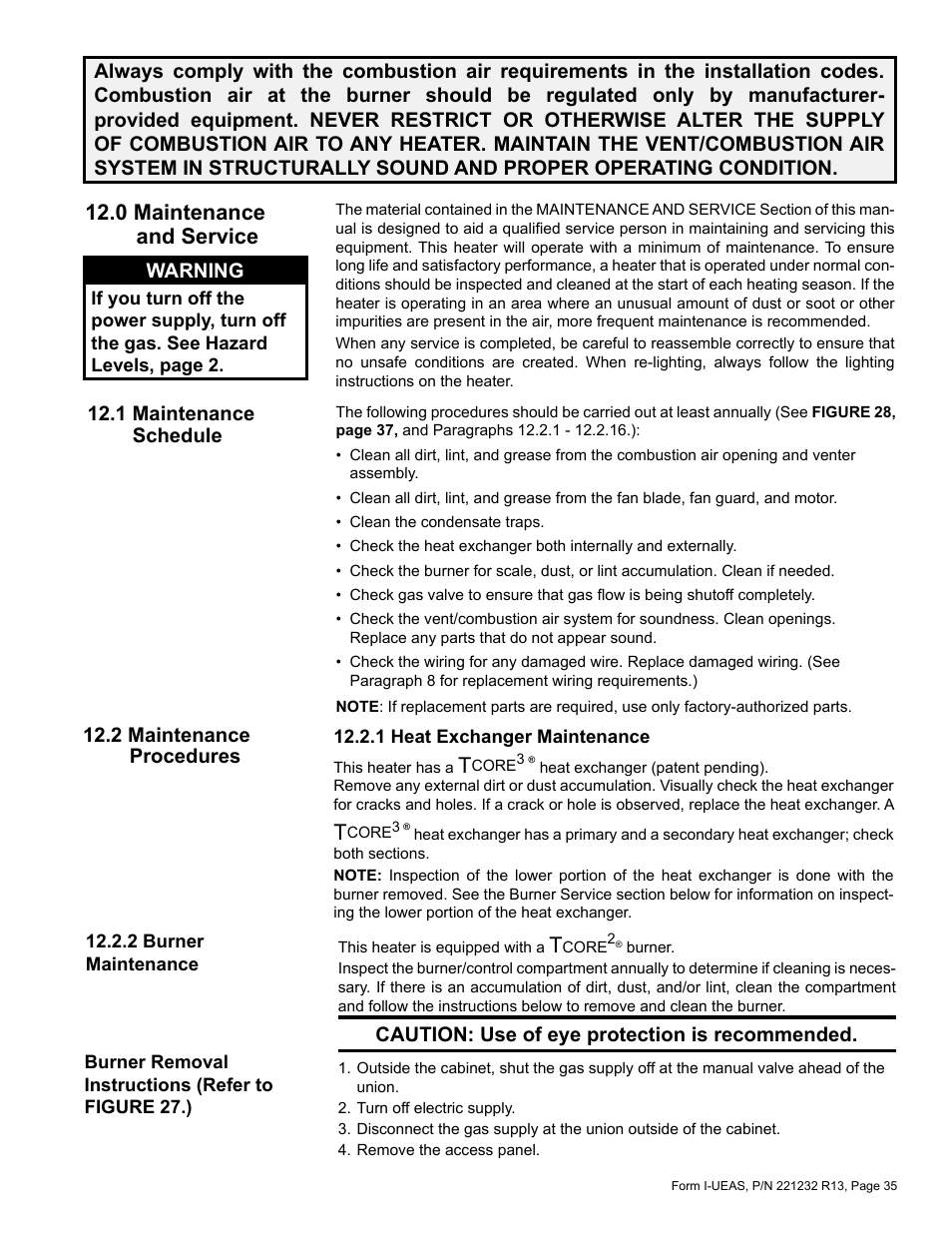 0 maintenance and service -42, 1 maintenance schedule 12.2 maintenance procedures, 0 maintenance and service | 1 maintenance schedule, 2 maintenance procedures, Caution: use of eye protection is recommended, Warning | Reznor UEAS Unit Installation Manual User Manual | Page 35 / 44