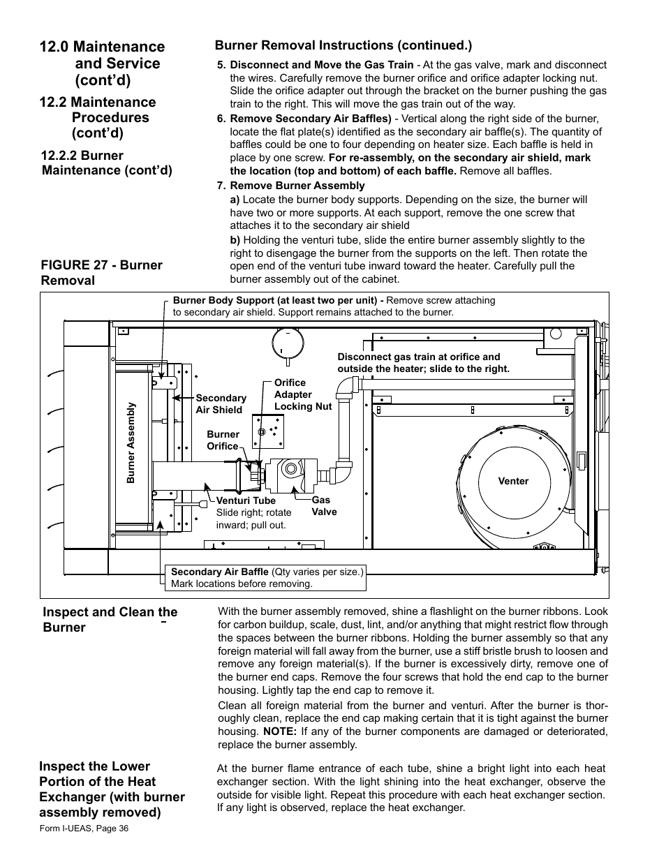 0 maintenance and service (cont’d), 2 maintenance procedures (cont’d) | Reznor UEAS Unit Installation Manual User Manual | Page 36 / 44