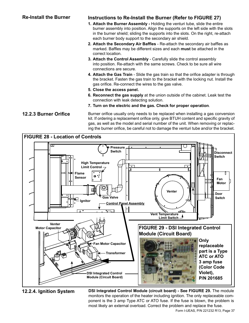 Re-install the burner 12.2.3 burner orifice, Figure 28 - location of controls, Ignition system | Reznor UEAS Unit Installation Manual User Manual | Page 37 / 44