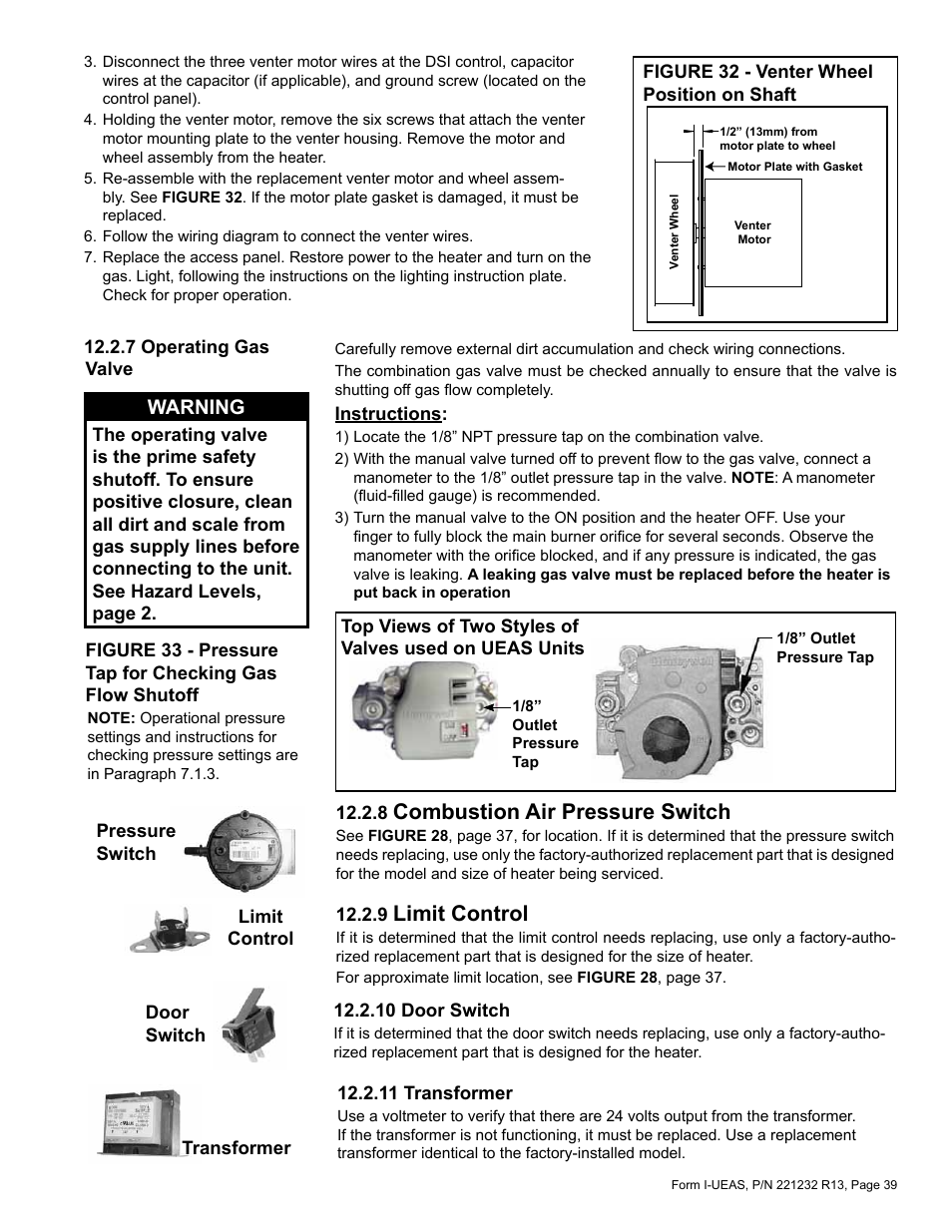 Combustion air pressure switch, Limit control, Warning | Reznor UEAS Unit Installation Manual User Manual | Page 39 / 44