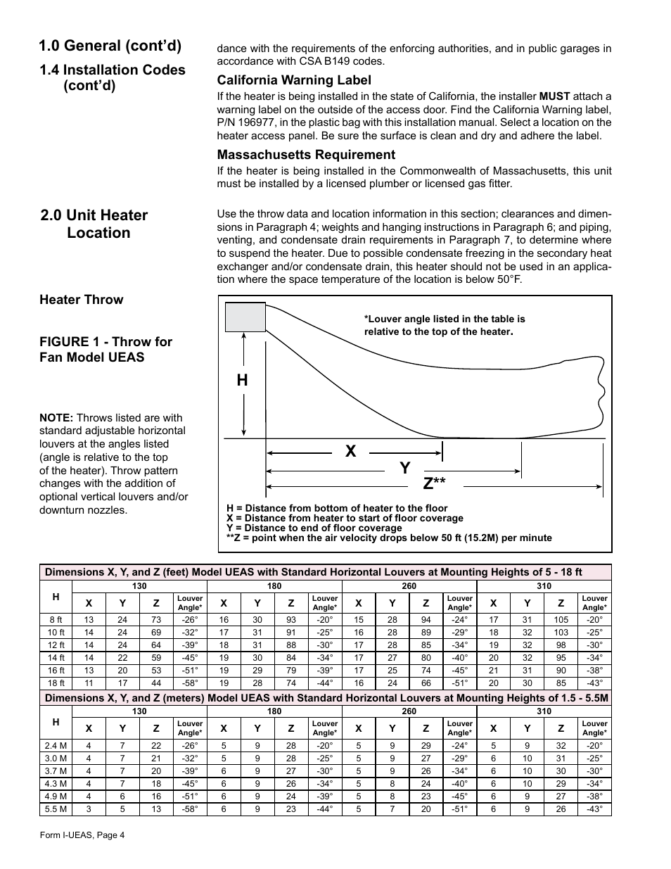 0 unit heater location -5, Hx y z, 0 general (cont’d) | 0 unit heater location, 4 installation codes (cont’d), Figure 1 - throw for fan model ueas heater throw, California warning label, Massachusetts requirement | Reznor UEAS Unit Installation Manual User Manual | Page 4 / 44