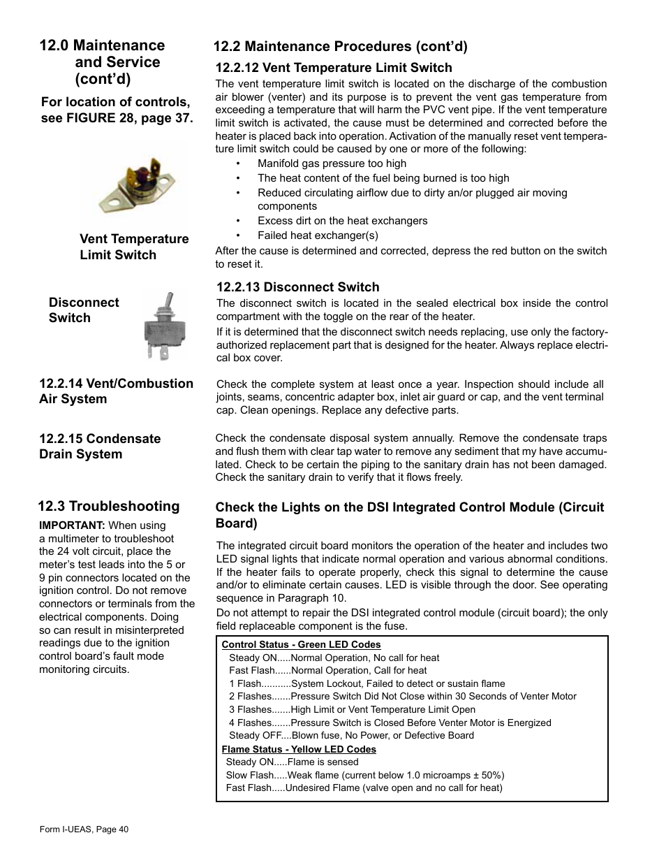 3 troubleshooting, 0 maintenance and service (cont’d), 2 maintenance procedures (cont’d) | Reznor UEAS Unit Installation Manual User Manual | Page 40 / 44