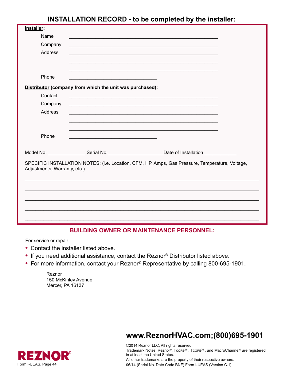 Installation record, Building owner or maintenance personnel, Contact the installer listed above | Distributor listed above, For more information, contact your reznor | Reznor UEAS Unit Installation Manual User Manual | Page 44 / 44