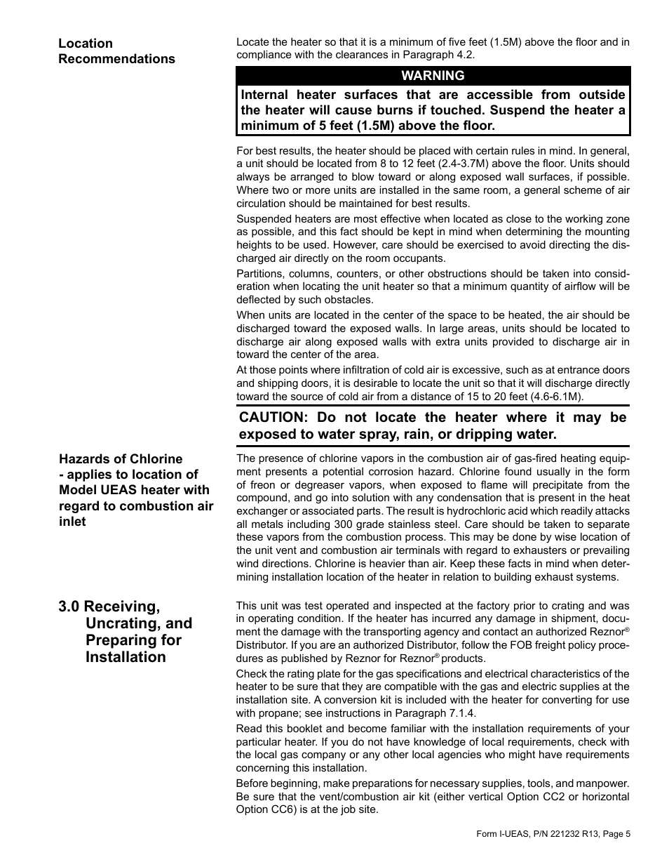 0 receiving, uncrating, and preparing, For installation -6 | Reznor UEAS Unit Installation Manual User Manual | Page 5 / 44