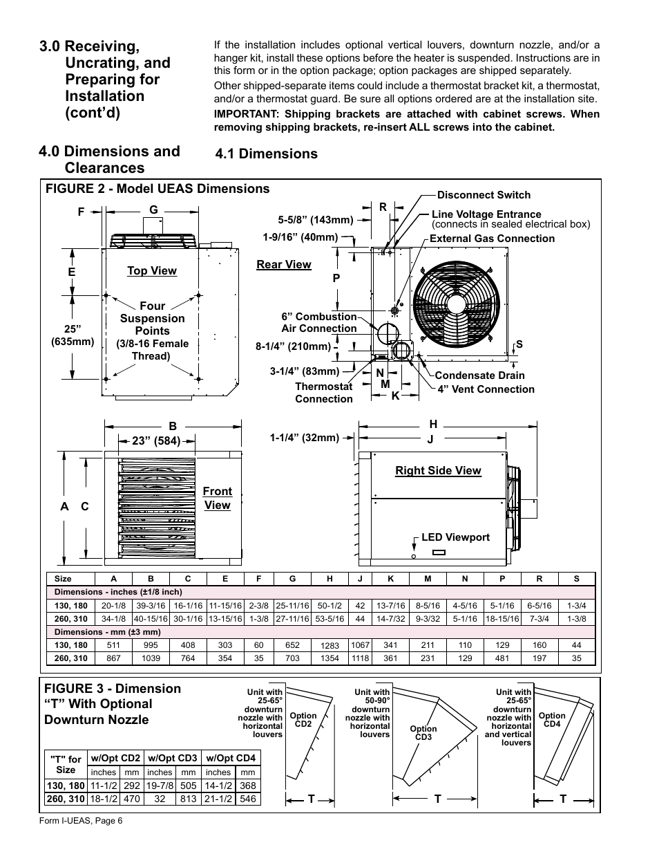 0 dimensions and clearances -7, 1 dimensions, 0 dimensions and clearances | Figure 2 - model ueas dimensions | Reznor UEAS Unit Installation Manual User Manual | Page 6 / 44