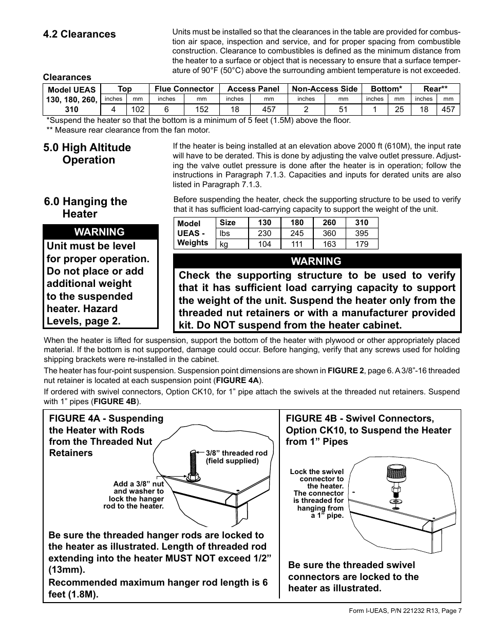 2 clearances, 0 high altitude operation 6.0 hanging the heater | Reznor UEAS Unit Installation Manual User Manual | Page 7 / 44