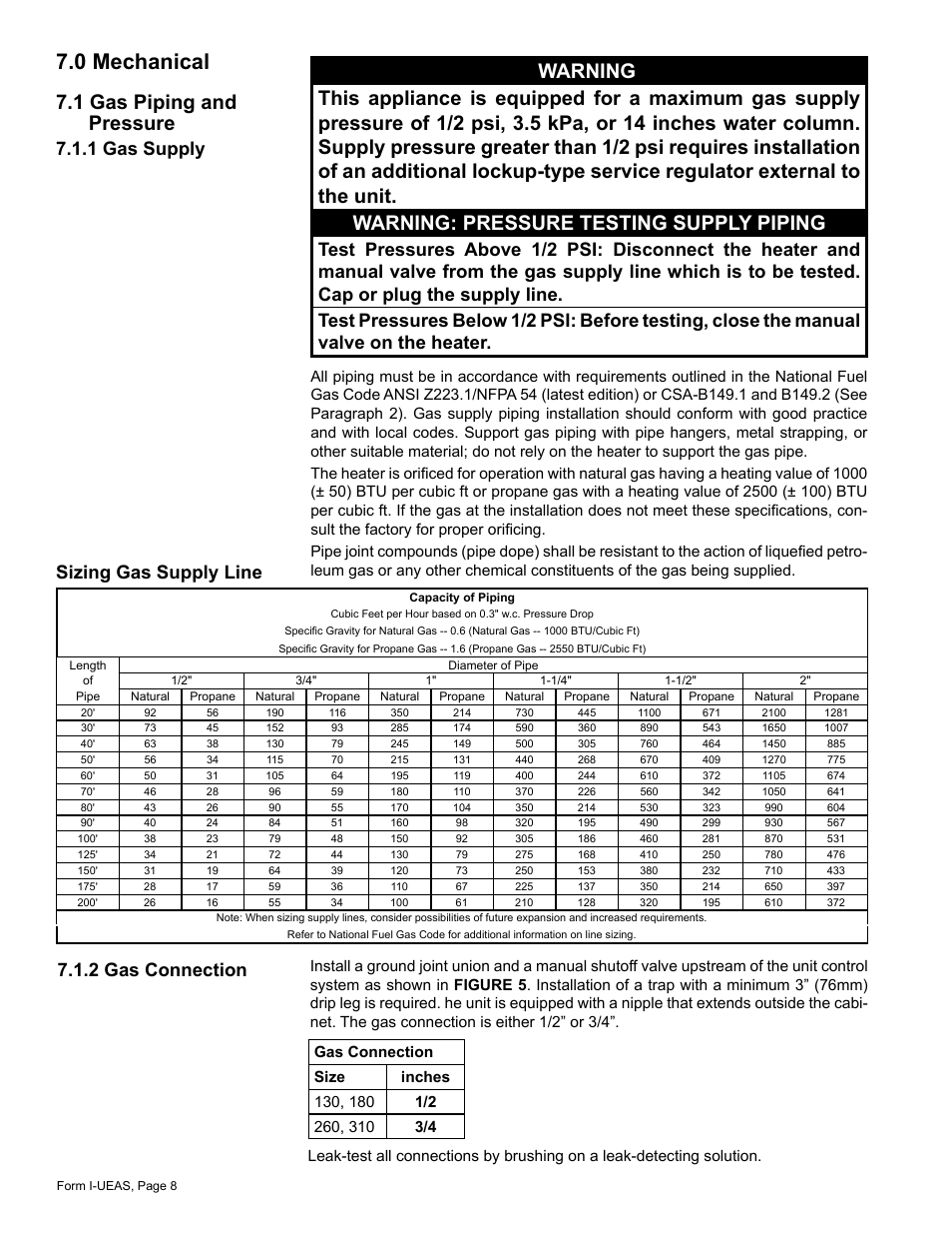 0 mechanical -26, 1 gas piping and pressure, 0 mechanical | Sizing gas supply line, 1 gas supply | Reznor UEAS Unit Installation Manual User Manual | Page 8 / 44