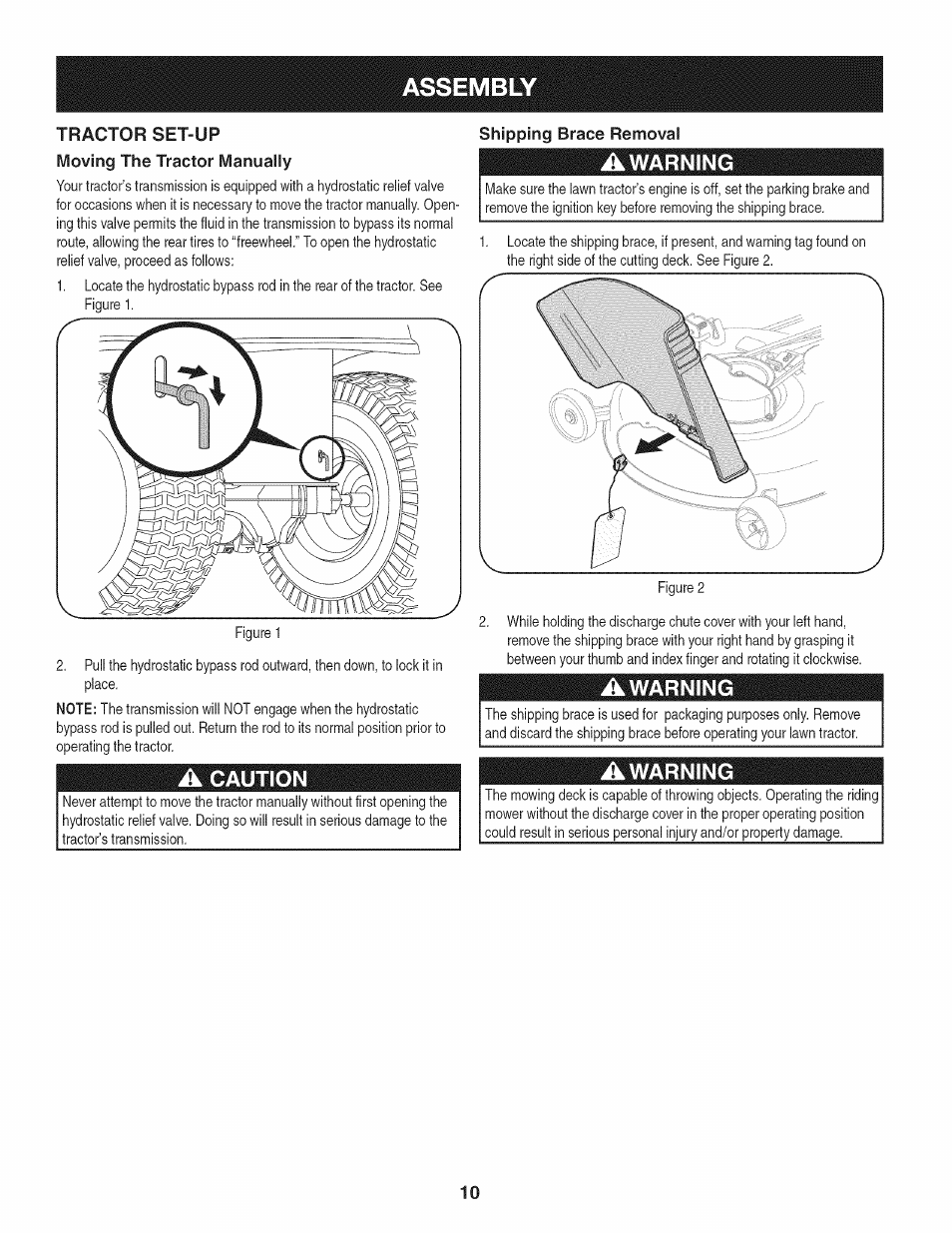 Moving the tractor manually, Shipping brace removal, Assembly | Awarning, A caution | Craftsman 247.28980 User Manual | Page 10 / 100