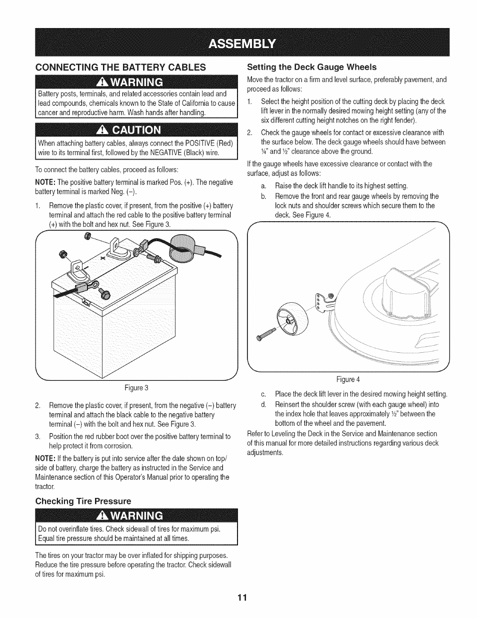 Setting the deck gauge wheels, Checking tire pressure, Assembly | A caution | Craftsman 247.28980 User Manual | Page 11 / 100