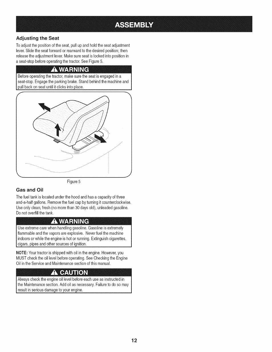 Adjusting the seat, Gas and oil, Assembl | Craftsman 247.28980 User Manual | Page 12 / 100