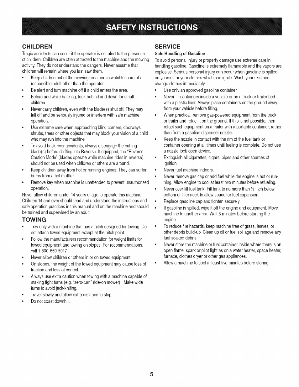 Children, Towing, Service | Safety instructions | Craftsman 247.28980 User Manual | Page 5 / 100