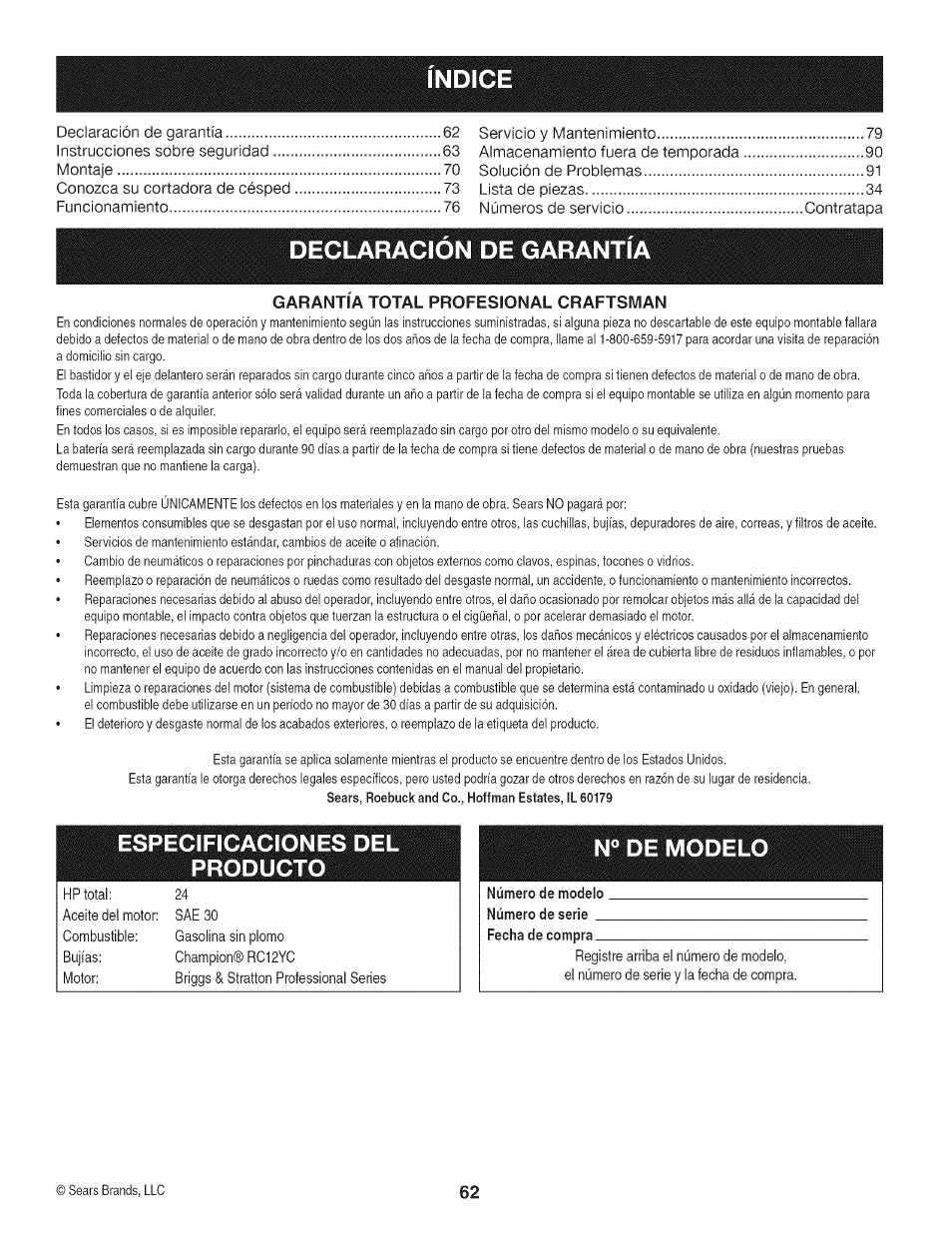 Declaracion de garantia, Producto | Craftsman 247.28980 User Manual | Page 62 / 100