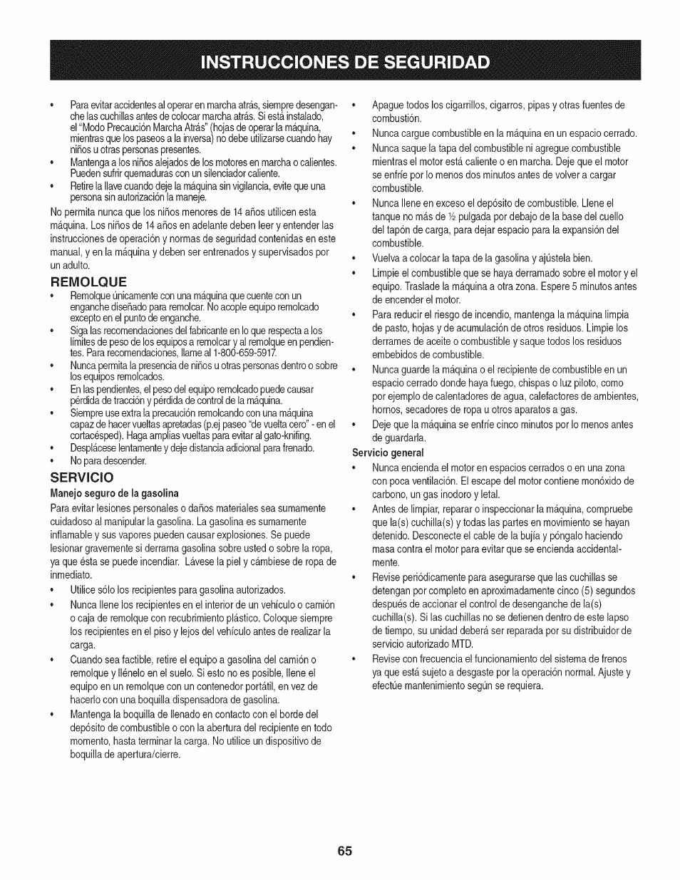 Remolque, Servicio, Instrucciones de seguridad | Craftsman 247.28980 User Manual | Page 65 / 100