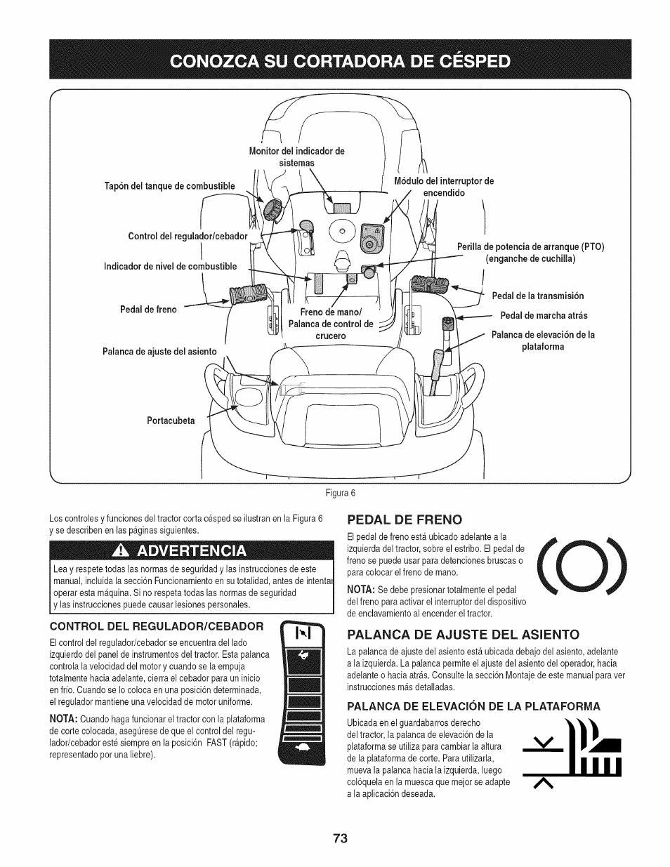 Pedal de freno, Palanca de ajuste del asiento | Craftsman 247.28980 User Manual | Page 73 / 100