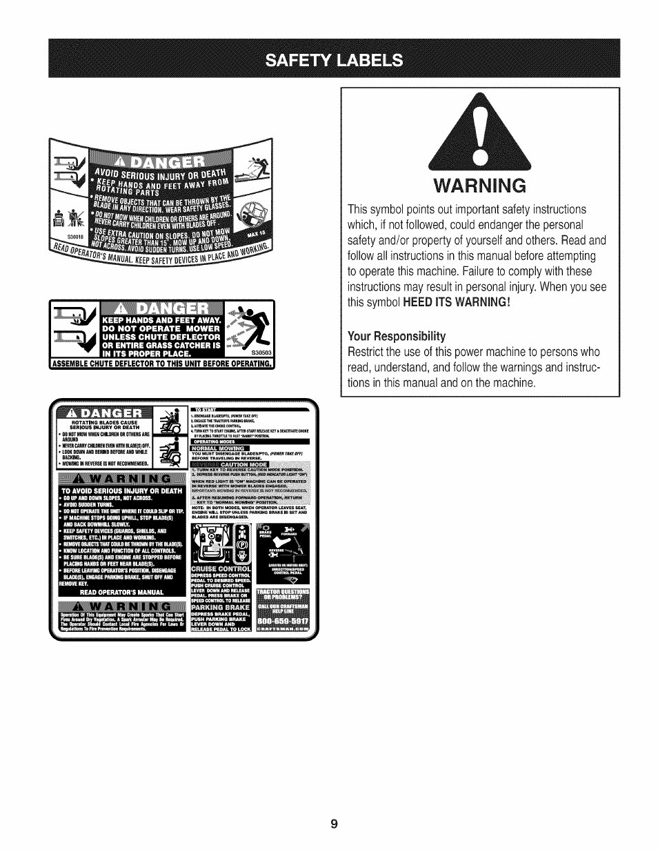 Your responsibility, Warning, W a r n | Safety label | Craftsman 247.28980 User Manual | Page 9 / 100