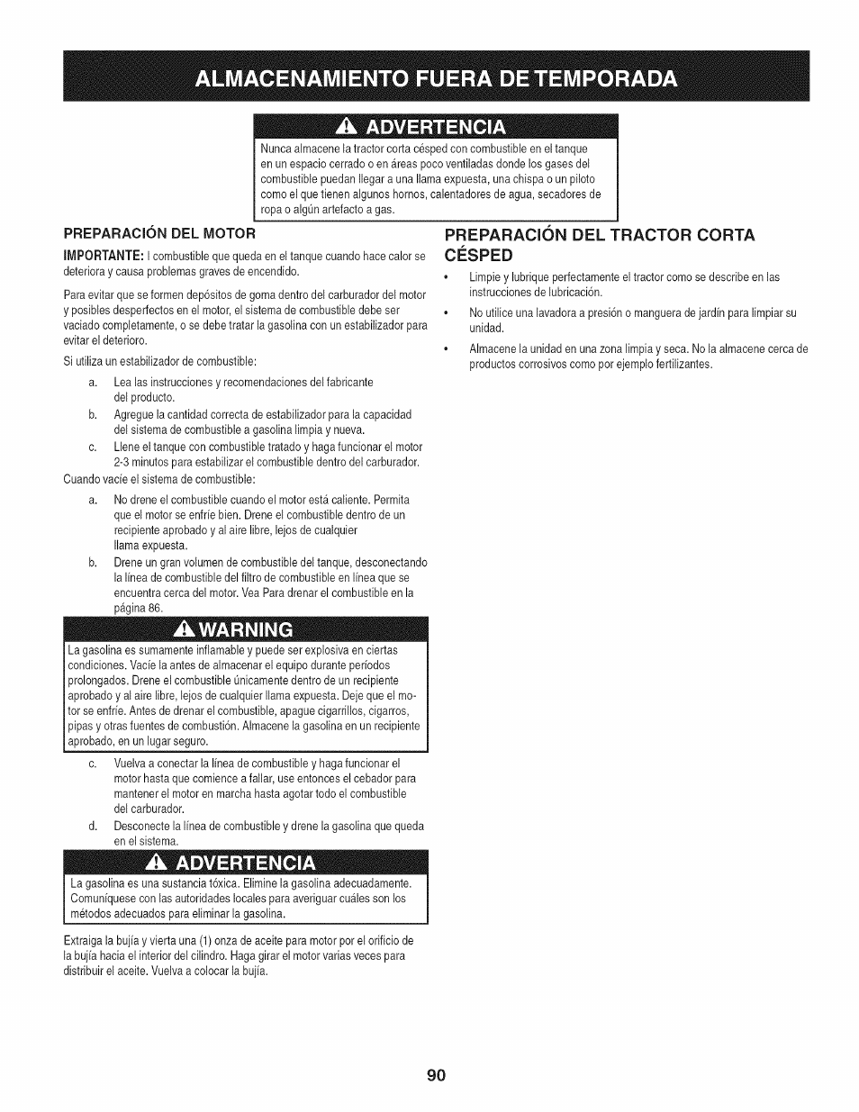 Almacenamiento fuera detemporad, Preparacion del tractor corta, Césped | Advertencia, Awarning, Preparacion del tractor corta césped | Craftsman 247.28980 User Manual | Page 90 / 100