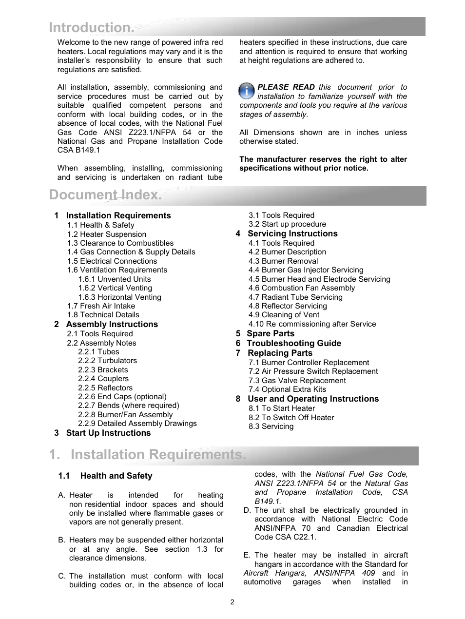 Introduction. document index, Installation requirements | Reznor VPS Unit Installation Manual User Manual | Page 2 / 44