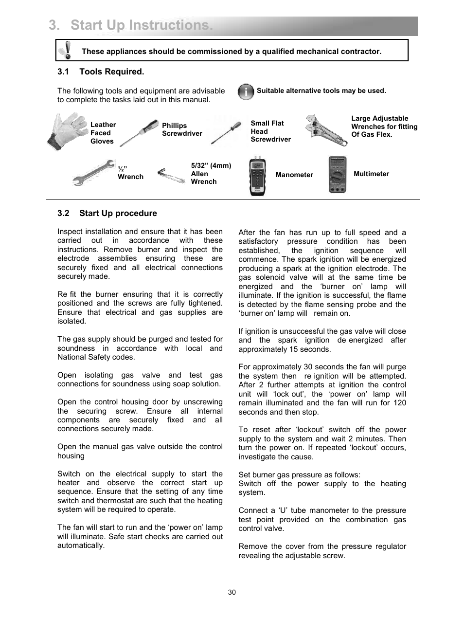 Start up instructions, 1 tools required, 2 start up procedure | Reznor VPS Unit Installation Manual User Manual | Page 30 / 44