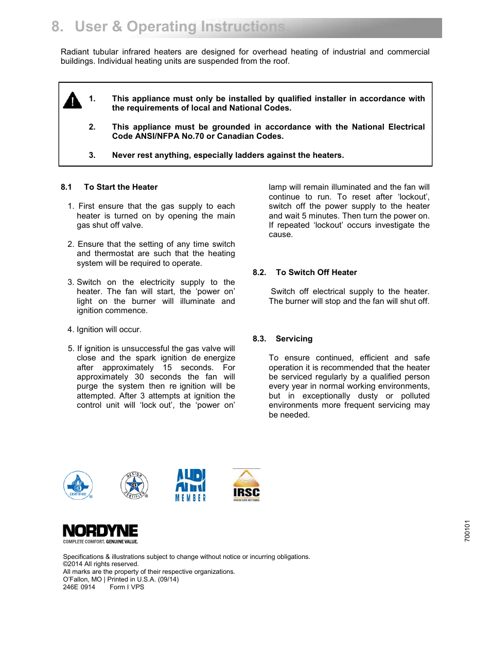 User & operating instructions | Reznor VPS Unit Installation Manual User Manual | Page 44 / 44