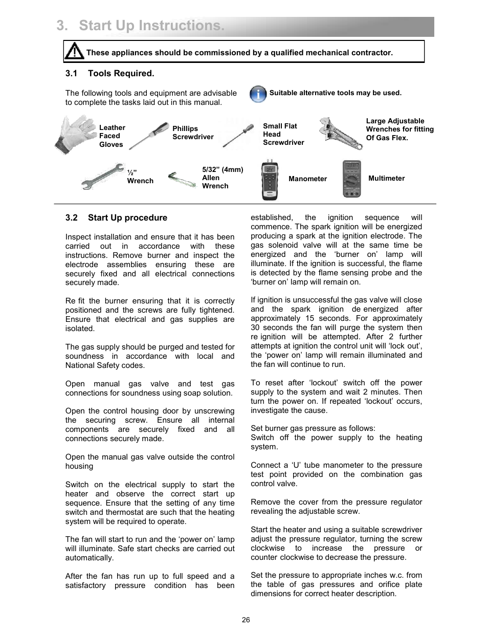 Start up instructions, 1 tools required, 2 start up procedure | Reznor VPT Unit Installation Manual User Manual | Page 26 / 40