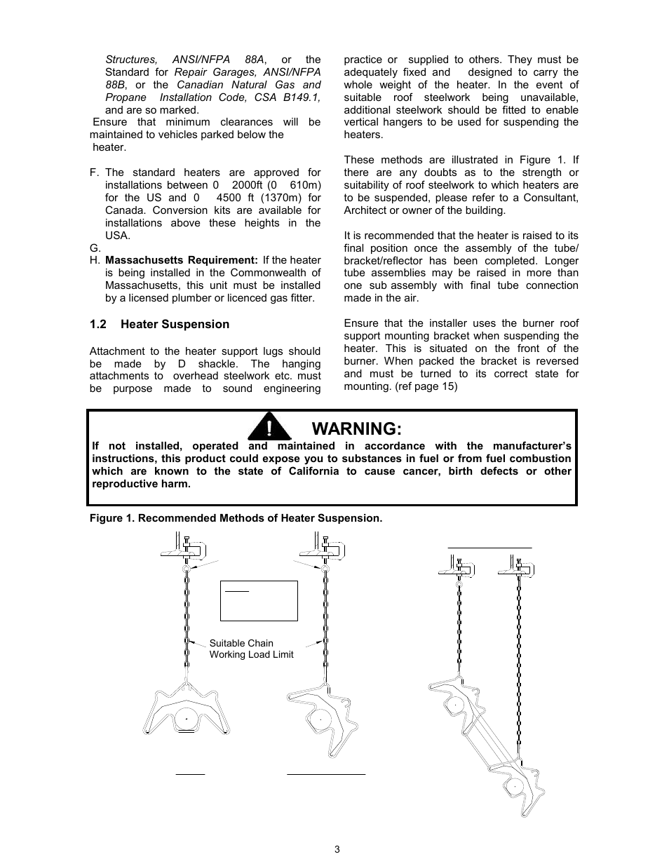 Warning, 2 heater suspension, Figure 1. recommended methods of heater suspension | Reznor VPT Unit Installation Manual User Manual | Page 3 / 40