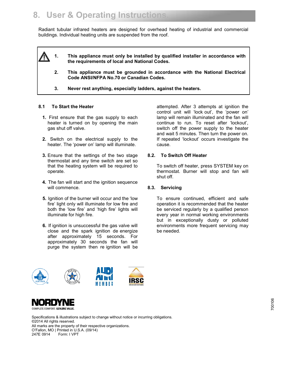 User & operating instructions | Reznor VPT Unit Installation Manual User Manual | Page 40 / 40