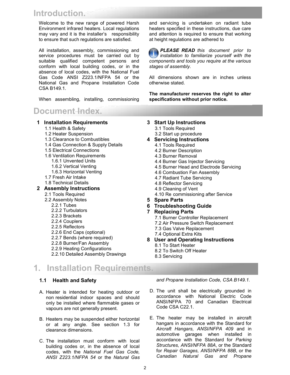 Introduction. document index, Installation requirements | Reznor VCT Unit Installation Manual User Manual | Page 2 / 48